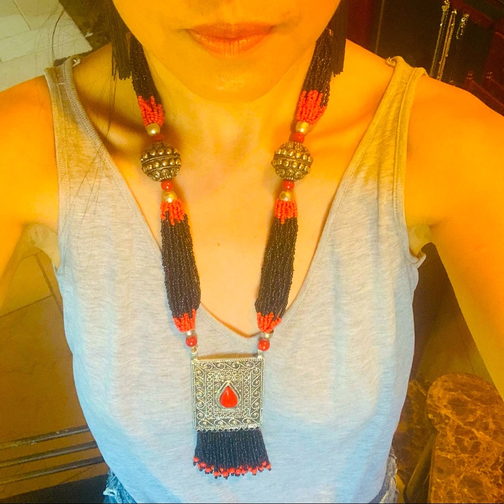 Vintage native Indian beaded tassel necklace
